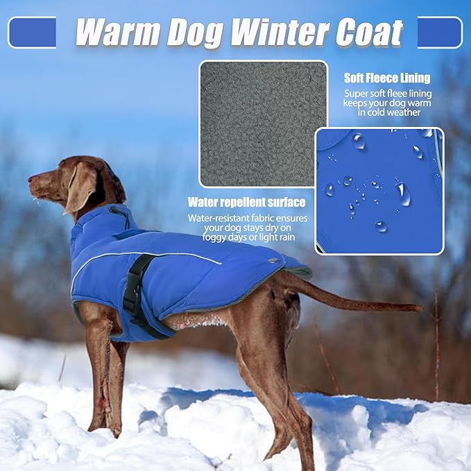 DENTRUN Extra Large Warm Dog Jacket - Windproof Water Repellent Reflective Coat, Adjustable Plush Turtleneck, Easy Wear Fleece Lined Cold Weather Vest for Great Dane, Blue, XXXL