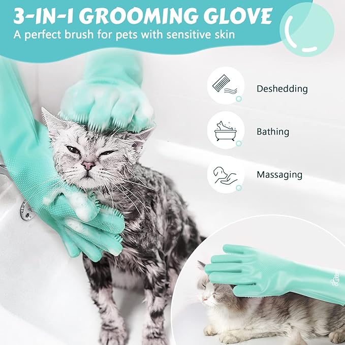Pecute Large Pet Grooming Gloves with Heat-Resistant, High-Density Silicone Teeth for Washing, Massaging, and Enhanced Five Finger Design