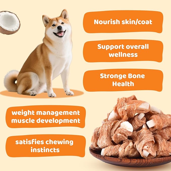 Chicken Wrapped Coconut Dog Treats, Healthy and 100% Natural Chicken Jerky Chewy Bites, Low Fat High Protein Training Snacks for Small Medium Large Dogs, Grain & Gluten Free, 10.58oz