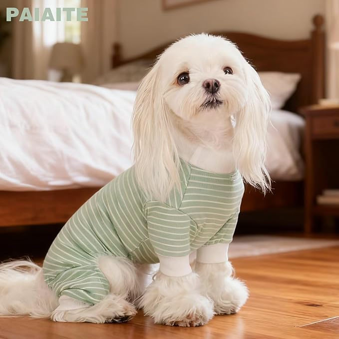 Paiaite Green Striped Dog Pajamas: 4-Legged Cotton Stretchable Jumpsuit Pjs - Lightweight Cozy Puppy Onesie Clothes, Comfortable Pet Sleepwear for Hair Shedding Coverage 3XL