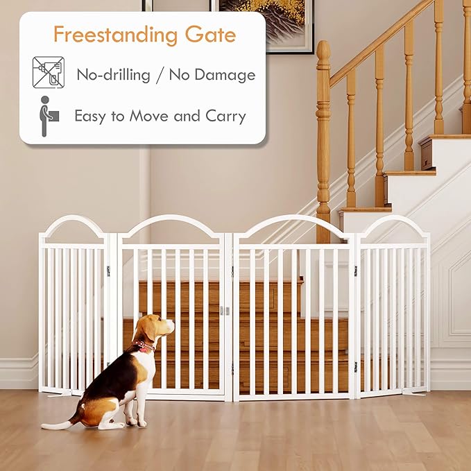 UDD Dog Gate Indoor 96" Extra Wide, 32" Tall Foldable Pet Gate with Door for Stairs Doorways Hallways Porch, Freestanding No Drilling Metal Pet Fence for Dogs Puppy, White 4-Panel