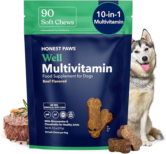 Honest Paws (90 Count) Dog Multivitamin Soft Chews with 10 Essential Vitamins - Joint, Coat, Immune, Eye & Heart Support - with Glucosamine, Chondroitin & Omega-3 - Beef Flavor