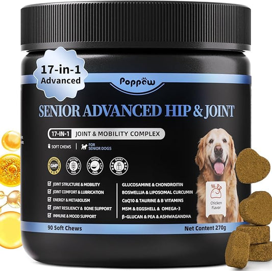 Senior Dog Joint Supplement, 17-in-1 Glucosamine for Dogs with Chondroitin, MSM, Pea, CoQ10, Omega-3, Hip and Joint Chews for Dogs – Chicken Flavor – 90 Soft Chews – for All Breeds & Sizes