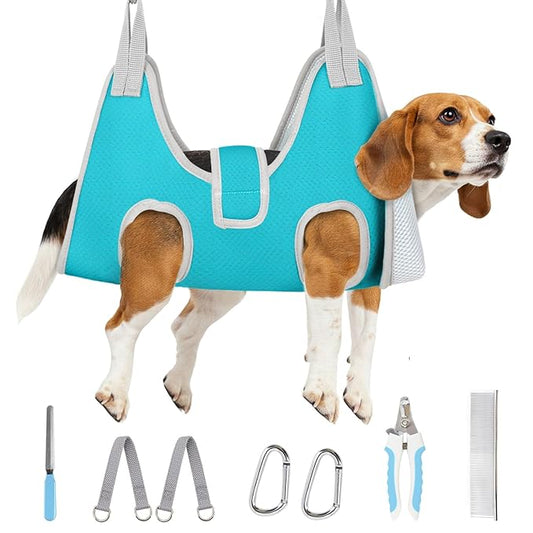 Supet Dog Grooming Hammock for Large Dogs, Dog Hanging Harness for Nail Trimming Doorframe, Pet Holder Restraint for Clipping Nails, Pet Hoist Sling for Cutting Nails at Home (Blue L)