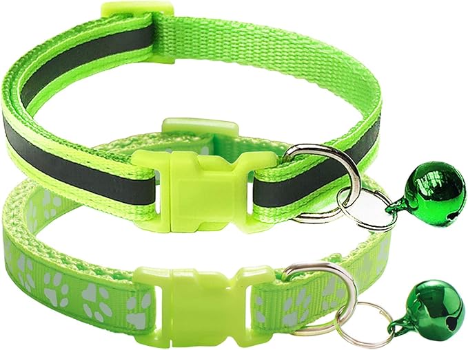 CHBORCHICEN 2-Pack Footprint & Reflective Cat Collar with Bell Basic Dog Cat Collar Buckle Adjustable Polyester Cat Dog Collar or Seatbelts (X-Small, Fluorescent Green)