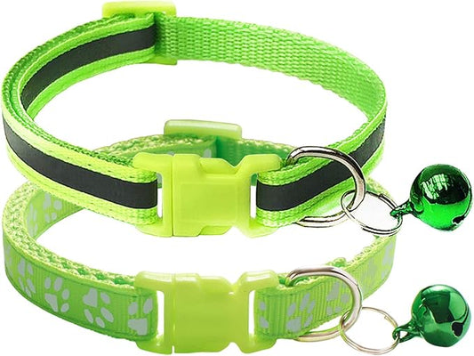 CHBORCHICEN 2-Pack Footprint & Reflective Cat Collar with Bell Basic Dog Cat Collar Buckle Adjustable Polyester Cat Dog Collar or Seatbelts (Small, Fluorescent Green)
