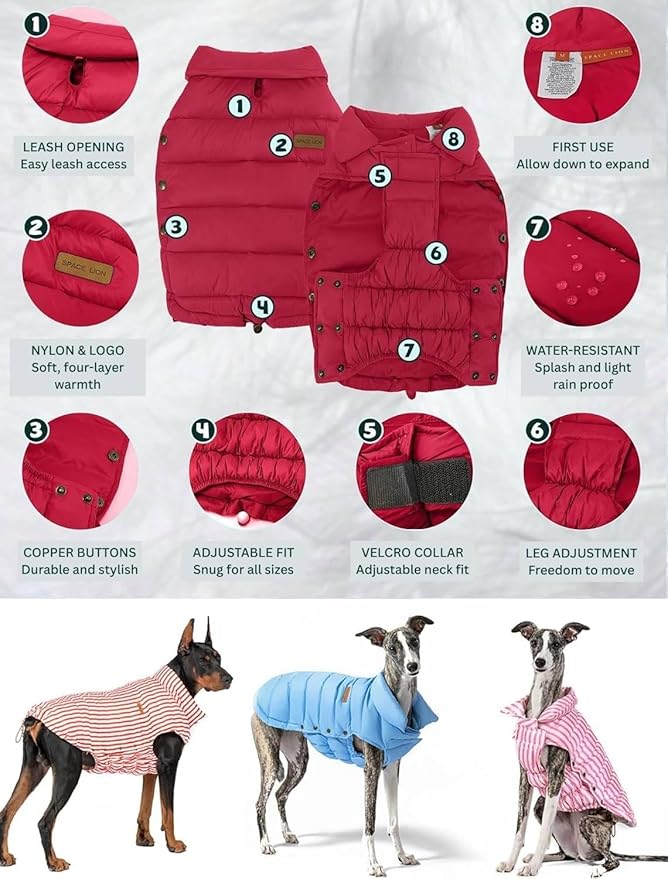 SPACE LION Puffer Jacket, Down Winter Coat, Durable Outdoor Coat for Cold and Windy Conditions, Waterproof, Windproof, Lightweight Jacket, Adjustable Fit for Medium, Large Dogs(Red,XL)
