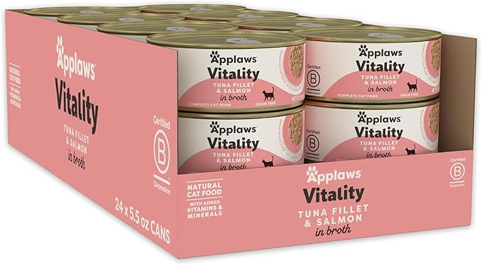 Applaws Vitality Wet Cat Food in Broth, Natural Cat Food with Added Vitamins & Minerals, Grain and Carrageenan Free, Tuna Fillet & Salmon in Broth (24 Count, 5.5oz Cans)