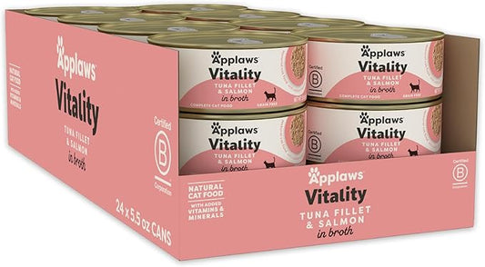 Applaws Vitality Wet Cat Food in Broth, Natural Cat Food with Added Vitamins & Minerals, Grain and Carrageenan Free, Tuna Fillet & Salmon in Broth (24 Count, 5.5oz Cans)