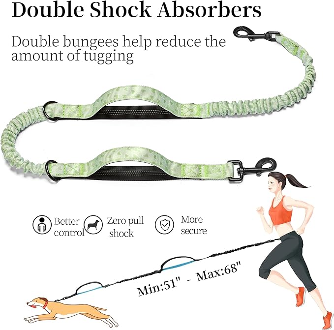 iYoShop Hands Free Dog Leash with Zipper Pouch, Dual Padded Handles and Durable Bungee for Walking, Jogging and Running Your Dog (Green Heart, Large)