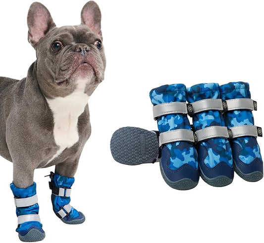 Spark Paws Dog Shoes, Waterproof Dog Boots for Medium to Large Dogs, Non Slip, Breathable Dog Booties and Paw Protectors - 4PCS Doggie Hiking Boots with Reflective Straps, Blue Camo, Size 3