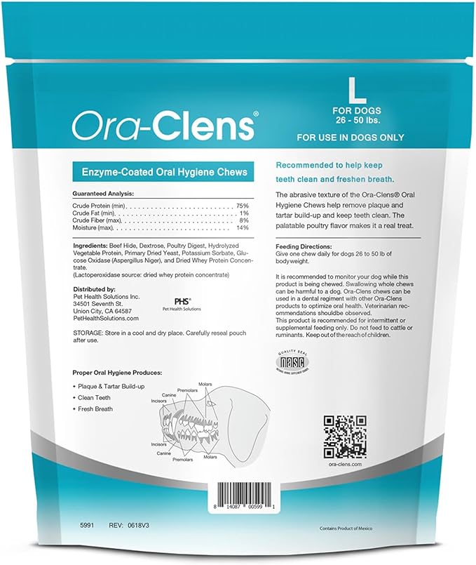 Oral Hygiene Chews for Large Dogs-Enzymatic Dental Treats for Daily Oral Care, Cleans Teeth and Freshens Breath, Reduces Plaque, Bacteria and Tartar Build Up Without Brushing-30 Chews