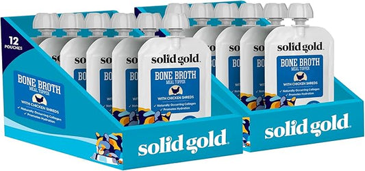 Solid Gold Bone Broth Cat Food Topper - Limited Ingredient Lickable Cat Broth Pouches w/Chicken Protein Shreds & Collagen for Hydration & Gut Support - Easy to Serve Gravy for Cats Meal Topper - 12ct