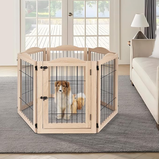 unipaws 132" Extra Wide Dog Gate and Pet Playpen, Free Standing Tall Fence with Walk Through Door, Barriers for Home, Use as Indoor Dogs Cats Pen, Rabbit Pen, Nature