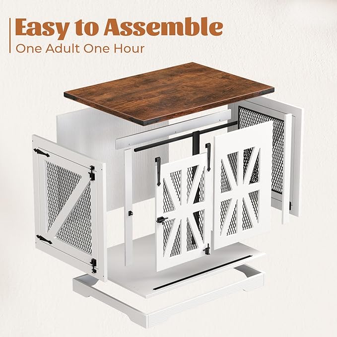 VOPEAK 27.5" Small Dog Crate Furniture, Chew Resistant Dog Crate for Puppy Dogs, Heavy Duty Small Dog Crate Dog Kennel Indoor with Double Doors, Wooden End Table for Bedroom Living Room, White