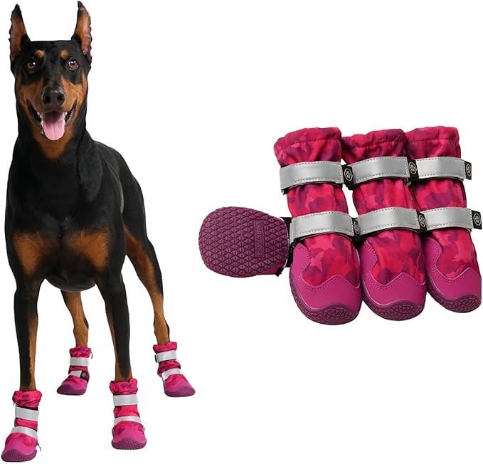 Spark Paws Dog Shoes, Waterproof Dog Boots for Medium to Large Dogs, Non Slip, Breathable Dog Booties and Paw Protectors - 4PCS Doggie Hiking Boots with Reflective Straps, Pink Camo, Size 5