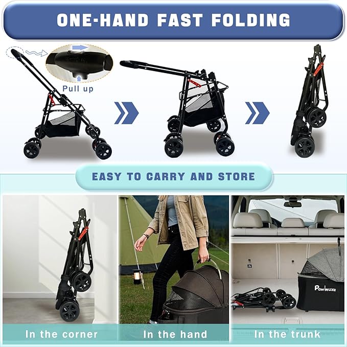 4 Wheels Pet Stroller 4 in 1 Pet Stroller with Detachable Carrier for Small & Medium Dogs Cats up to 55 lbs Easy-Folding Travel Dog Wagon with Car Seat Breathable Mesh,Black