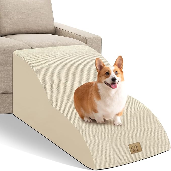 Mestuel Extended Dog Stairs Steps for Couch Sofa, Dog Stairs Ramp for Small Old Joint Injury Dogs Cats, Pet Stairs with Gentle Slope& Nonslip Bottom, Washable Fabric Cover,Beige