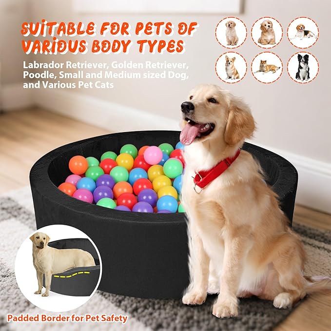 Pet Beds, 27.5 Inch Round Foam Sof Dog Beds，Suitable for Small Dog & Cat Play in The Ball Pit，Black - Ideal for Puppies and Kittens（Balls Not Included）...