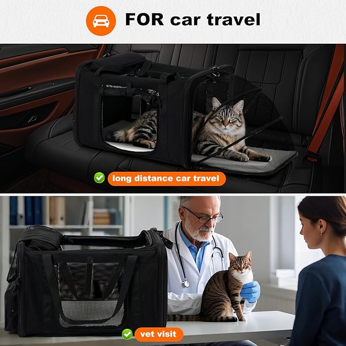 25''(L) x 17''(W) x 17''(H) Extra-Large Expandable cat Carrier for Long Distance car Travel,for 1 Extra-Large cat / 2 Large Cats / 3 Small-Medium Cats up to 35 lbs(Black)