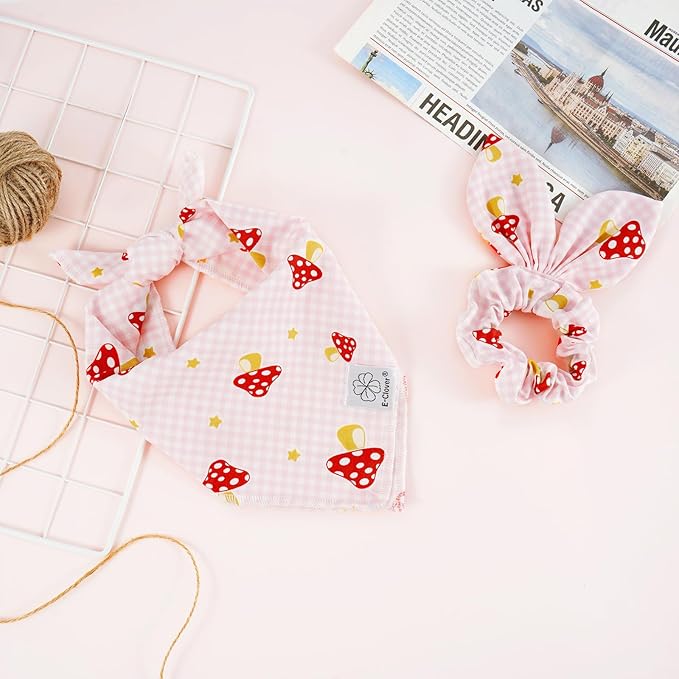 E-Clover Pink Buffalo Plaid Dog Bandanas & Matching Scrunchie Set Cute Dog Scarf Bibs Girl Pet Bandana with Bow Tie for Medium Large Dogs Owner Mom