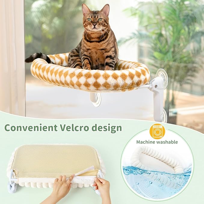 Sunhoo Cat Window Perch Bed Foldable Kitty Windowsill Hammock Shelf Seat Large Cats Suction Cup Indoor Kitten Window Sill Lounger with Soft Plush Cushion Machine Washable 21.26 * 11.8in (Brown, M)