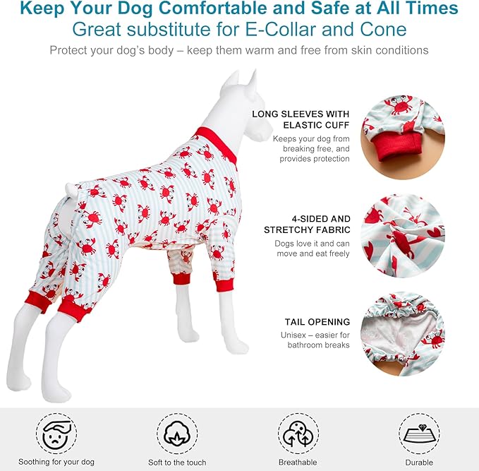 LovinPet Dog Sweatshirts for Large Dogs, Anxiety Calming Dog Pajamas, Light Blue Stripe Whale, Crab Print, Onesies for Dogs, Pitbull Clothes,Pajamas for Pitbulls, Large