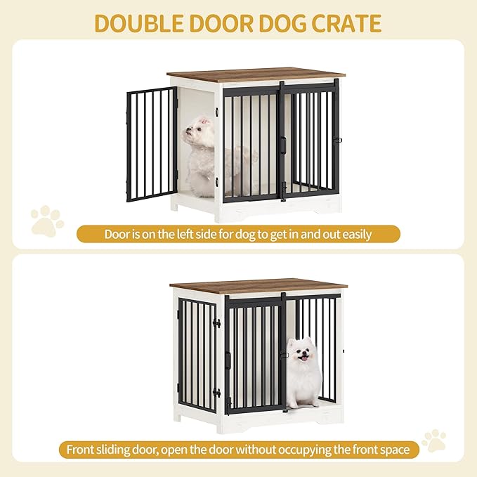 27.2" Dog Crate Furniture with Barn Door, Heavy Duty Dog Kennel Indoor with 2 Doors, Wooden Pet Cage End Table for Small Medium Dogs up to 22 lb, Anti-Chew Anti-Escape, White Brown DFC84314B