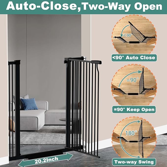 40.5" Extra Tall Baby Gate for Doorway, 72.3"-74.1" Extra Wide Long Pet Gate, No Drill Pet Safety Barrier Metal, Pressure Mounted Safety Child Gate for Stairs Walk Thru Kids or Pet Black