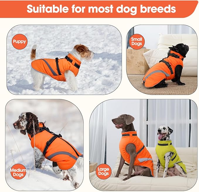 BRKURLEG Dog Winter Jackets for Medium Dogs, Dog Coat with Harness Built in, Dogs Snowsuits with Zipper, Waterproof Windproof Pet Puffer Jacket Fleece Vest for Beagle, Pug, Orange L