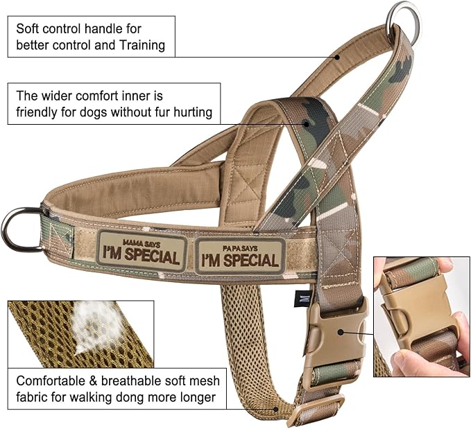 No Pull Dog Harness for Small Medium Large Sized Dogs, Escape Proof Adjustable Dog Harnesses with 2 Patch, Green Camo, M
