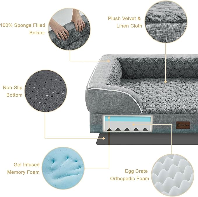 Orthopedic XXL Dog Beds, Waterproof Memory Foam Big Bolster Pet Bed for Extra Large Sized Dogs 53x42Inch, Non-Slip Bottom and Egg-Crate Foam Dog Couch Bed with Washable Removable Cover, Grey