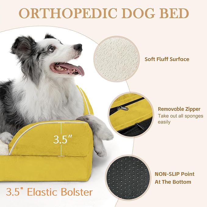 Comfort Expression Orthopedic Dog Bed for Small Dogs 24x16 Inch, Waterproof Egg Crate Foam Small Pet Bed with Removable Bolsters, Dog Couch with Washable Cover & Non-Slip Bottom, Spicy Mustard