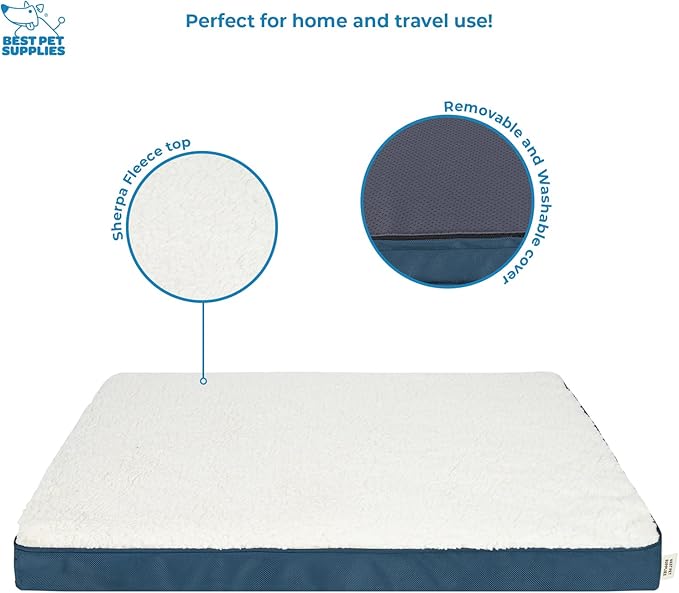 Best Pet Supplies Cute Dog Crate Mat Flat Bed with Waterproof Exterior, Thick Orthopedic Egg Foam Mattress, and Soft Sherpa Fleece Cover for Small, Medium, and Large Breeds - Blue, 35X22X4