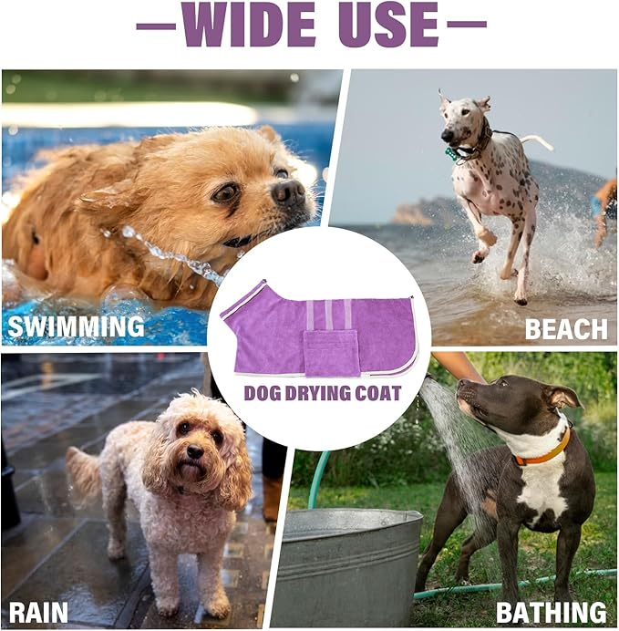 Dog Robe - Fast Drying Towel - Microfiber Super Absorbent Pet Bathrobe, Adjustable Collar & Belly Strap (Purple, XXX-Large)