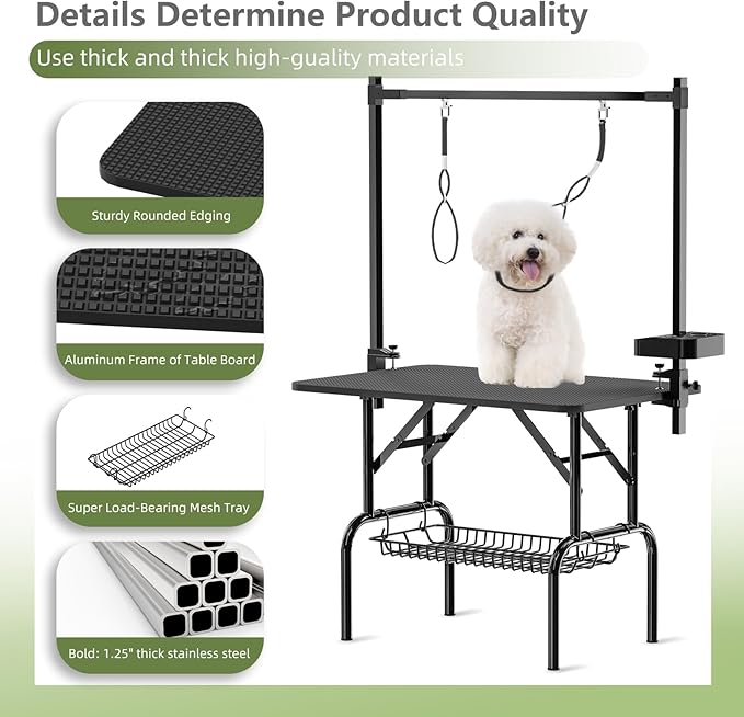 VFK 36''/47''Large Dog Grooming Table, Foldable Pet Station at Home, Dog Grooming Table,Adjustable Cat Drying Desktop with Arms, Nooses, Mesh Tray (Basic pet Table, 36" Black)