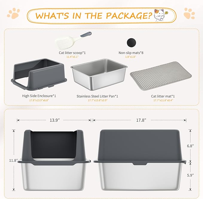 Stainless Steel Cat Litter Box, Covered Metal Litter Tray, Cat Litter Pans with High Sides, Kitty Litter Box for Small and Medium Cats (Non Sticky, Anti-Urine Leakage) 17.5" L x 13.5" W x 6" H