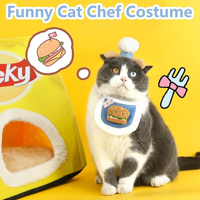 HOWWFALY Cat Halloween Costumes Pet Chef Hat &Hamburger Bib Costume Set, Funny Holiday Cooking Outfit for Small Medium Cats Pets