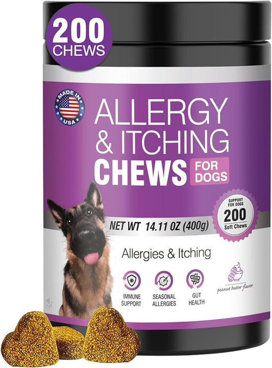 Dog Allergy Chews - Dog Allergy and Itching Skin Relief Anti Itch Aller Immune Bites for Dogs licking Paws Relief Itchy Chew Probiotics Vitamins for Skin and Coat Allergies - (Peanut Butter, 200 Ct)