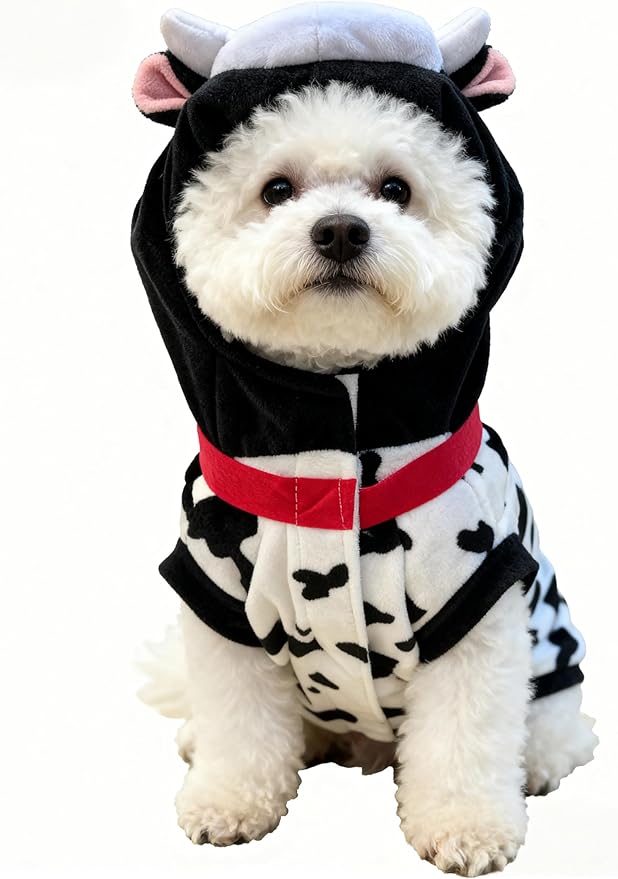 Pet Costume for Small Dogs Cats,Halloween Hoodies Winter Puppy Coat Outfits Funny Pajamas Clothes for Christmas Party,Cow L