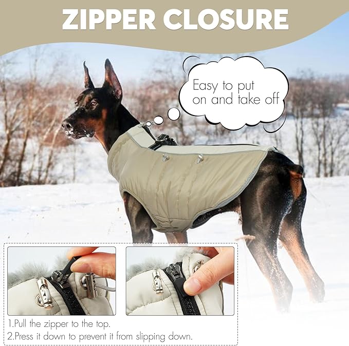 IDOMIK Warm Dog Coat with Harness, Waterproof Reflective Dog Jackets for Small Medium Large Dogs, Fleece High Collar Winter Jacket with Zipper, Pet Winter Snowsuit Clothes for Cold Weather,Khaki S