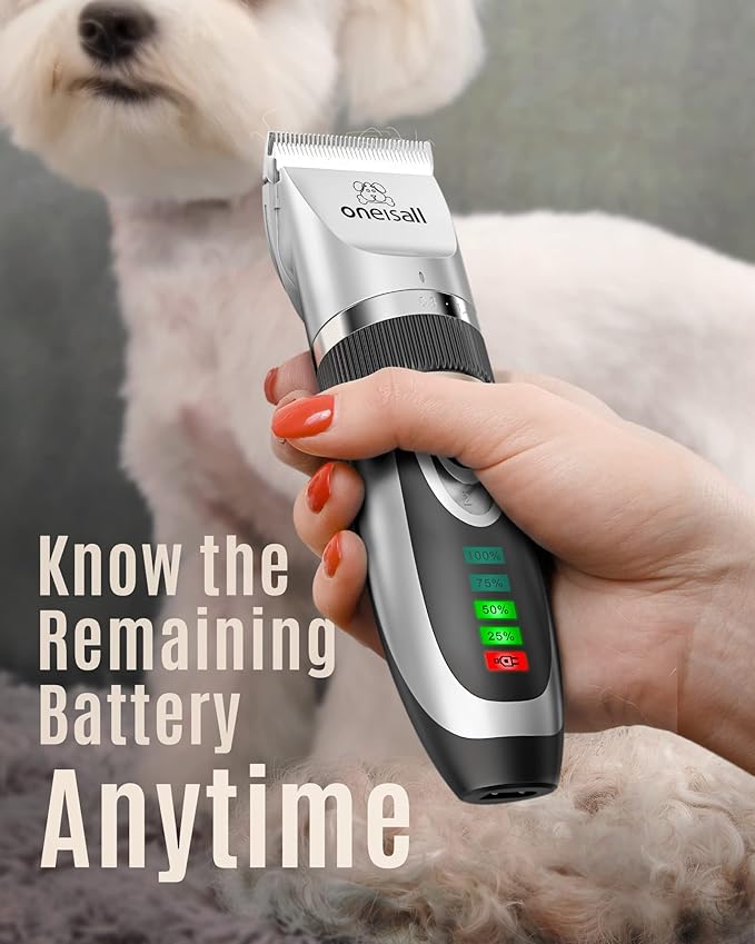 oneisall Low Noise 2-Speed Quiet Dog Grooming Kit - Rechargeable Cordless Pet Hair Clipper Trimmer Shaver for Small and Large Dogs, Cats and Animals (Silver)