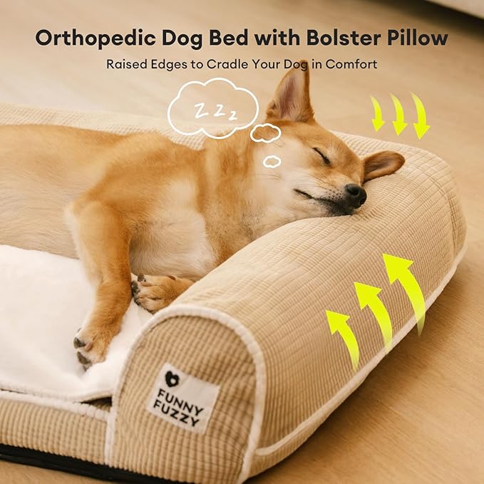 FUNNYFUZZY Orthopedic Dog Bed – Washable Dog Bed with Double Layer Plush Cushion Sofa Style Design with Bolstered Sides for Small Medium and Large Dogs Removable Cover L Size (31.5"x24.4"x7.1") Beige