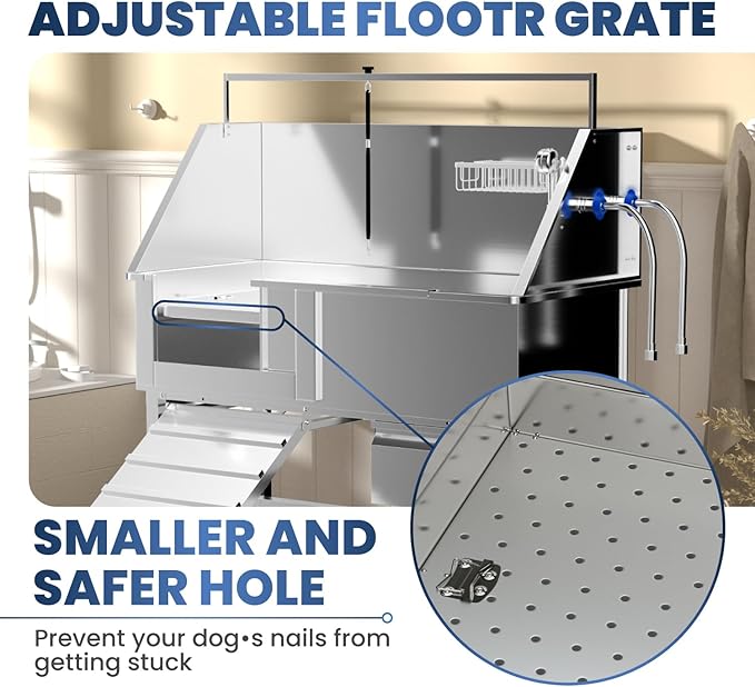 Dog Washing Station for Home,46" Stainless Steel Dog Bathing Station Height Adjustable Dog Washing Station for Home Dog Grooming Tub Ramp, Drawer, Floor Grate & Fauct