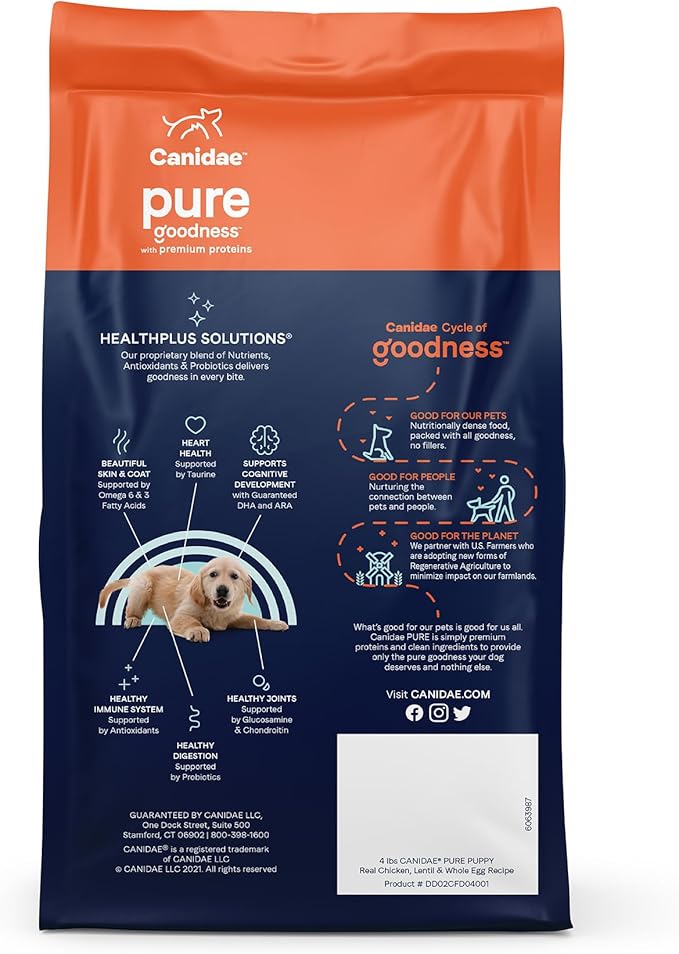 CANIDAE Pure Grain Free Dry Puppy Food, Real Chicken, Lentil & Whole Egg, 4 lbs. (Pack of 2)