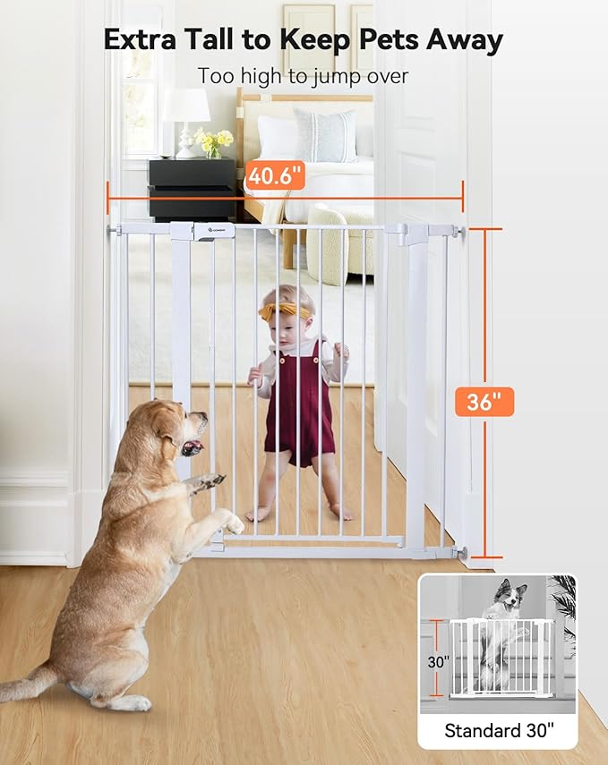 COMOMY 36" Extra Tall Baby Gate for Stairs Doorways, Fits Openings 29.5" to 40.6" Wide, Auto Close Sturdy Safety Dog Gate for House, Pressure Mounted Easy Walk Through Pet Gate with Door, White