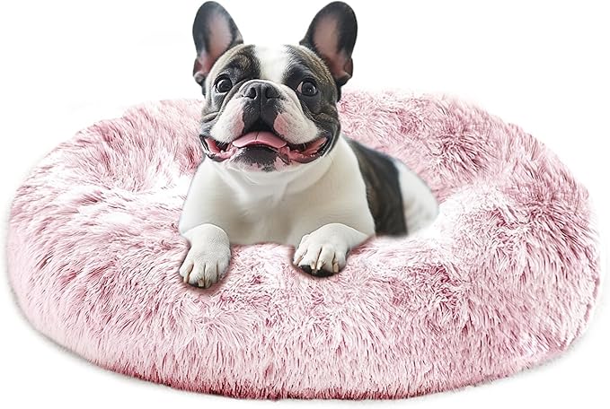 JOLLYVOGUE Medium Calming Dog Bed, Anti-Anxiety Donut Cuddler Cat Bed with Anti-Slip Bottom, Fluffy Faux Fur Machine Washable Pet Cushion for Medium Large Dog & Cat, 31"/Smoke Pink