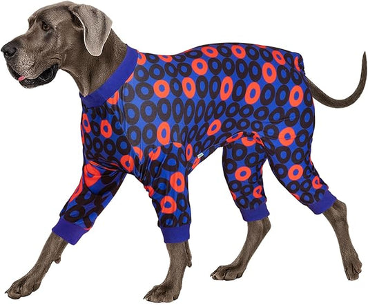 LovinPet Large Dog Pajamas for Male Dogs Anti Licking Anxiety Calming Big Dog Pajamas, Lightweight Stretchy Fabric, Ring Print, Jammies for Large Dogs, Pitbull Party Clothes, Big Dog Costume,3XL
