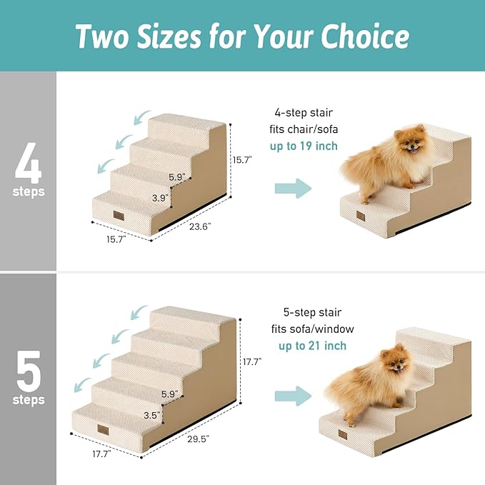 Slope Dog Stairs for Small Dogs 17.7" H, Pet Steps for Bed, Couch with Certified Foam, Non-Slip Dog Ramp Ladder for Puppy Older Cats, 5 Step, Beige