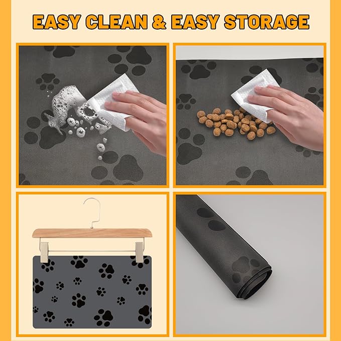 Pet Feeding Mat-Cat Dog Mat for Food and Water Bowl, Absorbent Quick Dry Food Mat Anti-Slip No Stains Dog Placemat with Footprints for Messy Drinkers,12"x20"Dark Grey